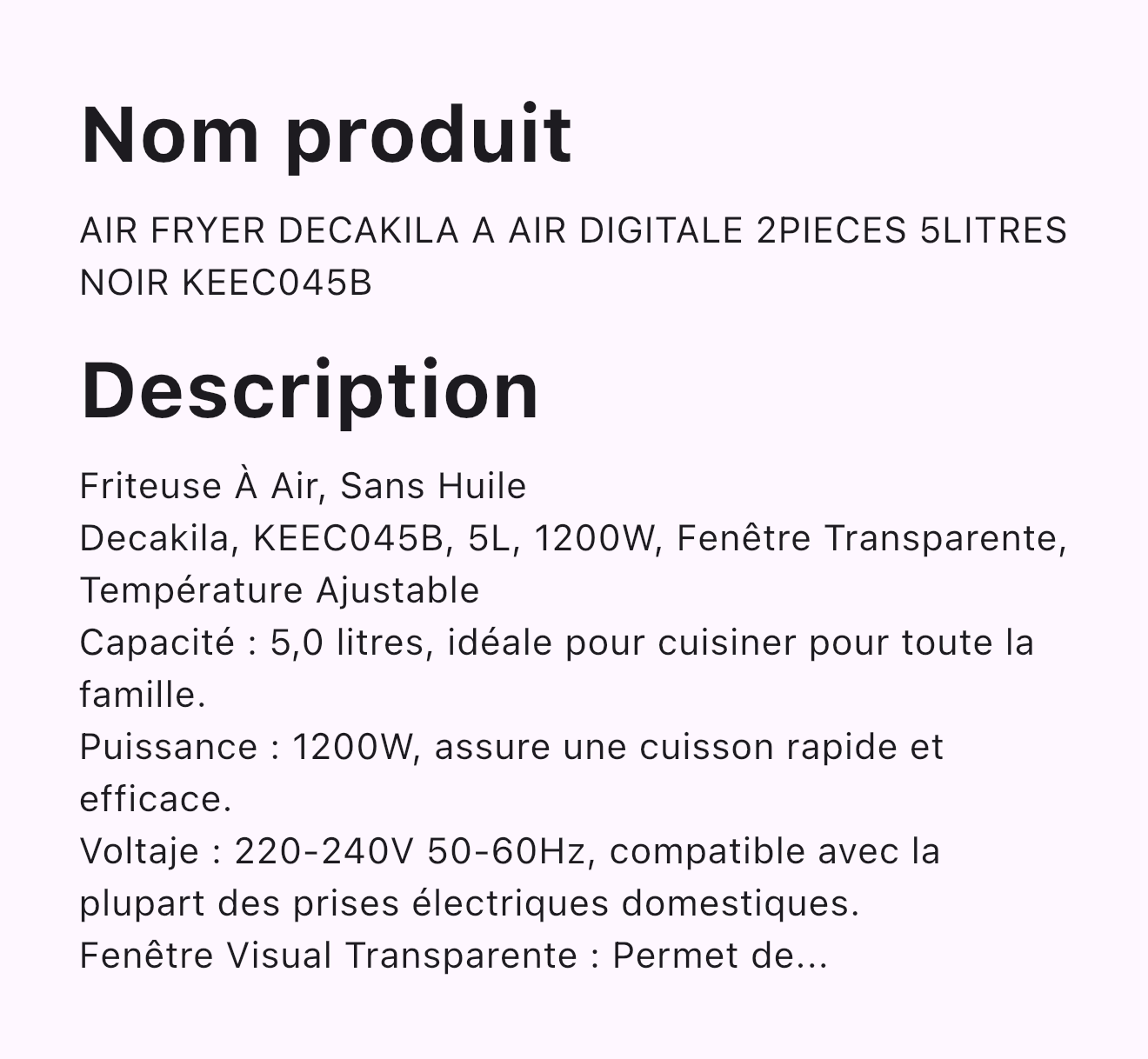 AIR FRYER DECAKILA A AIR DIGITALE 2PIECES 5LITRES NOIR KEEC045B