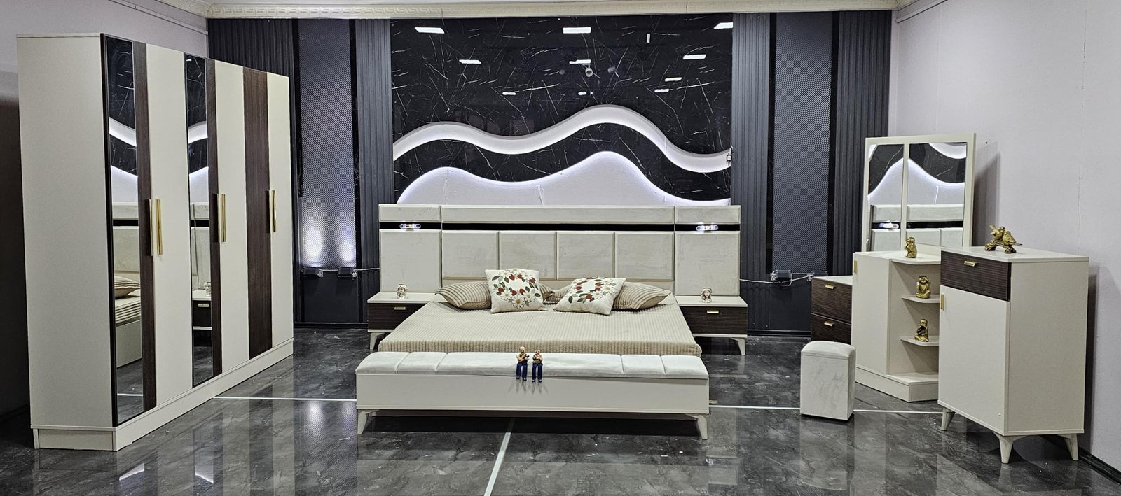 CHAMBRE À COUCHER 6BATTANTS 4PIÈCES GRIS MARRON BEIGE PIAZZA