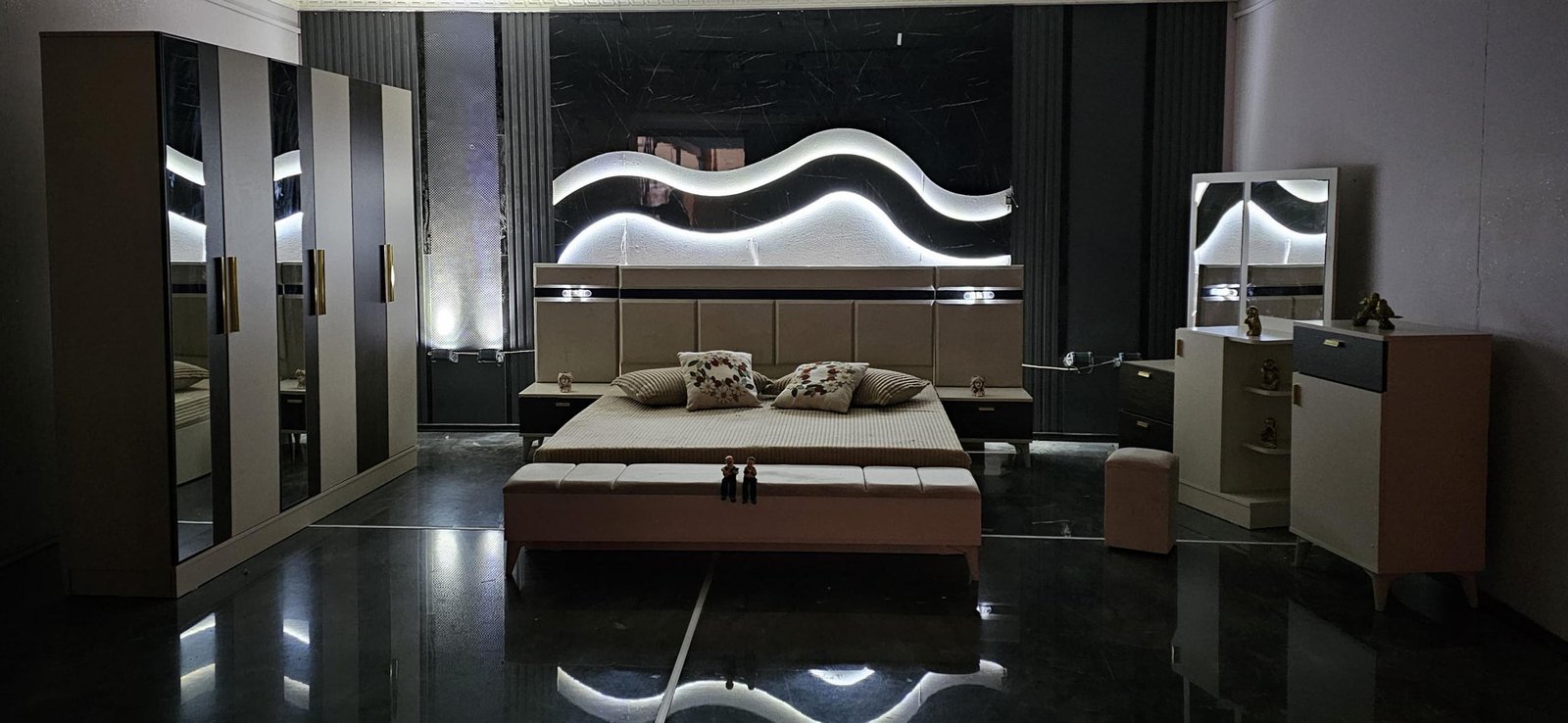 CHAMBRE À COUCHER 6BATTANTS 4PIÈCES GRIS MARRON BEIGE PIAZZA