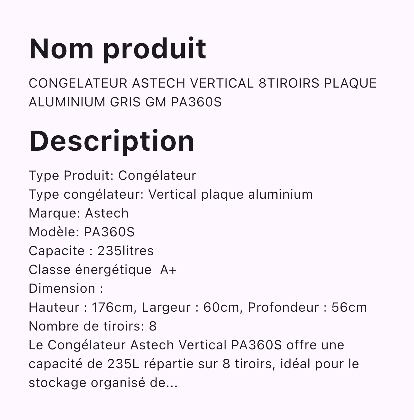 CONGELATEUR ASTECH VERTICAL 8TIROIRS PLAQUE ALUMINIUM GRIS GM PA360S