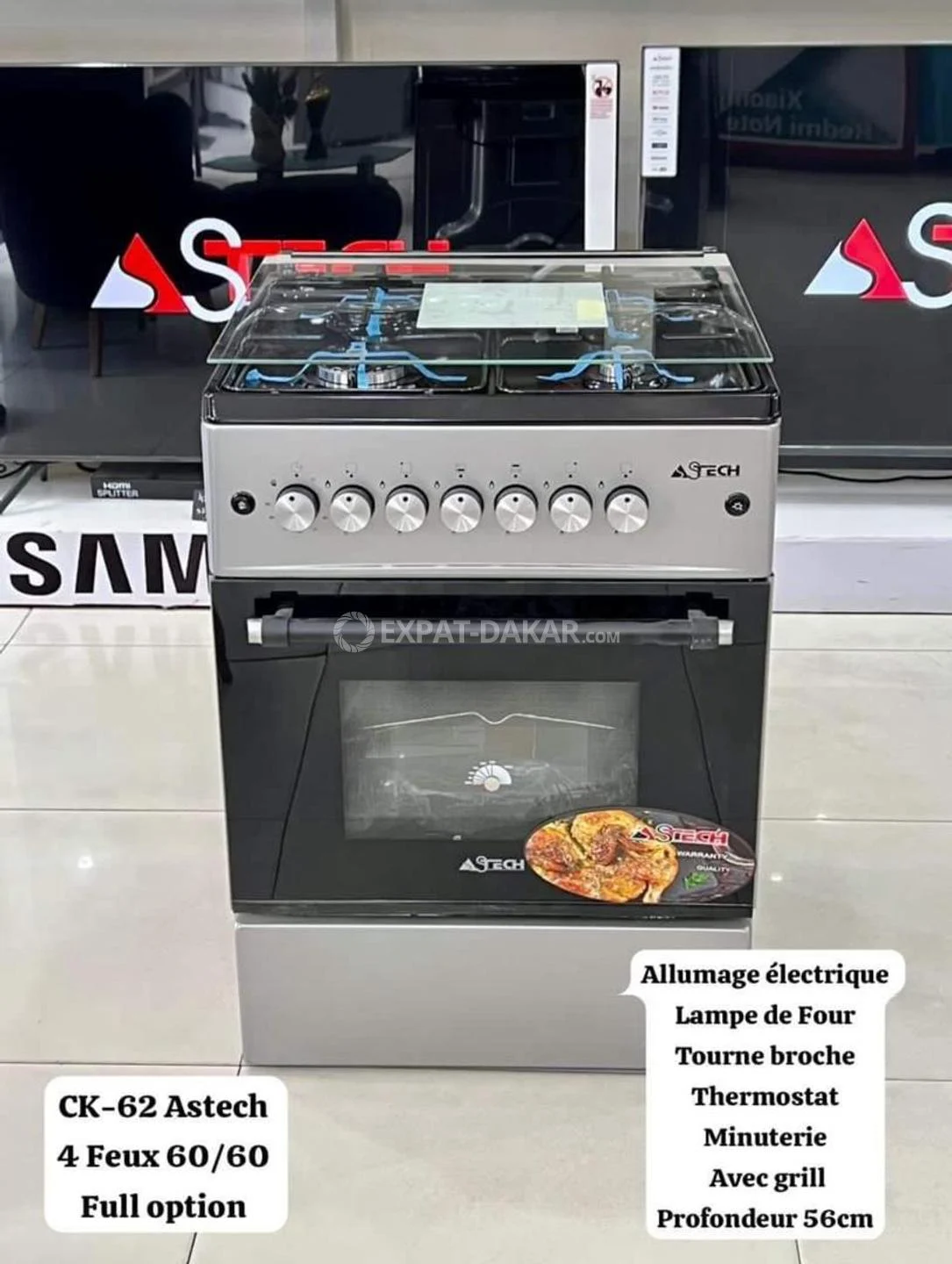 CUISINIERE ASTECH 4FEUX 60X60 A GAZ  AVEC FOUR A GAZ CK62MSFRM