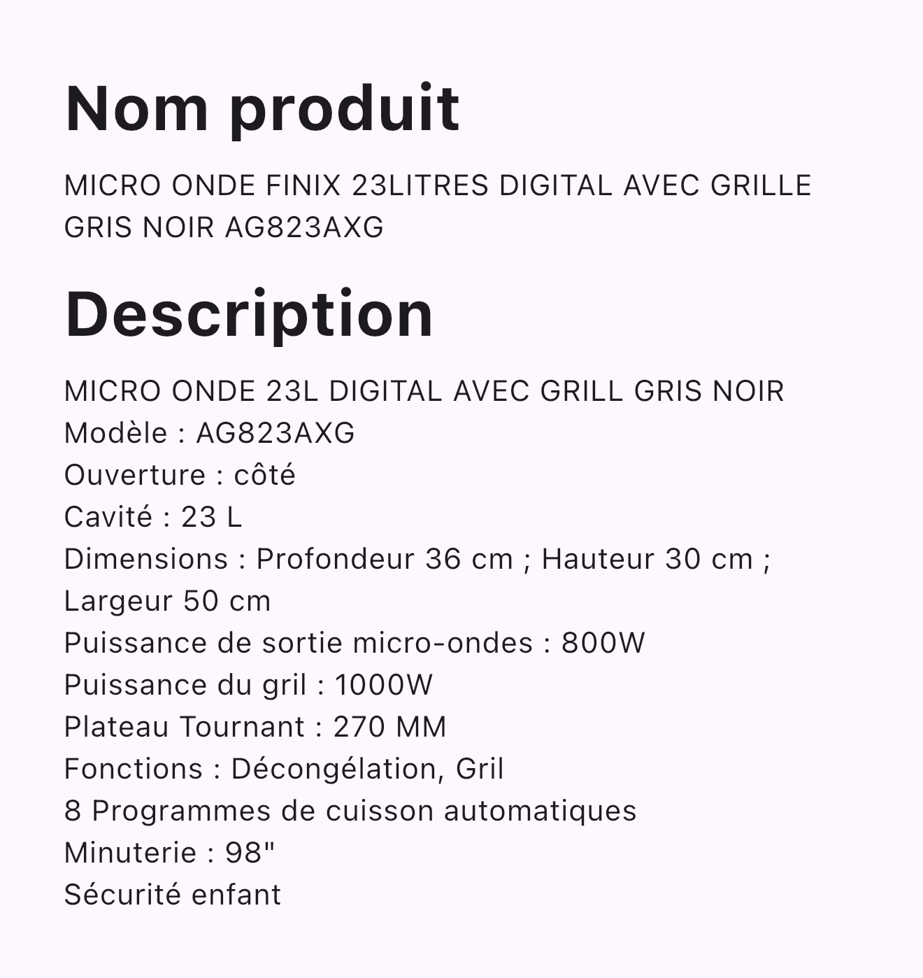 MICRO ONDE FINIX 23LITRES DIGITAL AVEC GRILLE GRIS NOIR AG823AXG