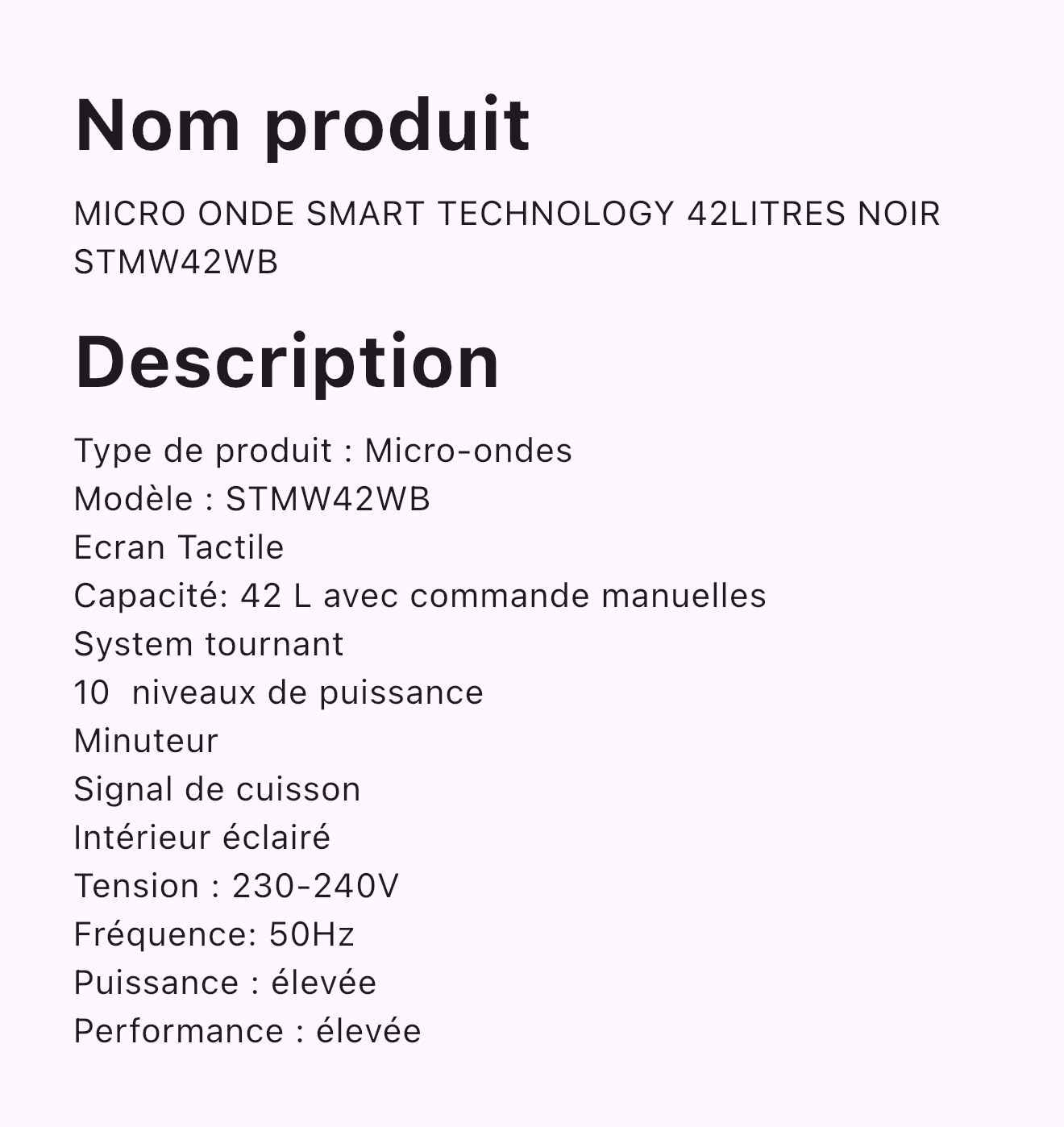 MICRO ONDE SMART TECHNOLOGY 42LITRES NOIR STMW42WB