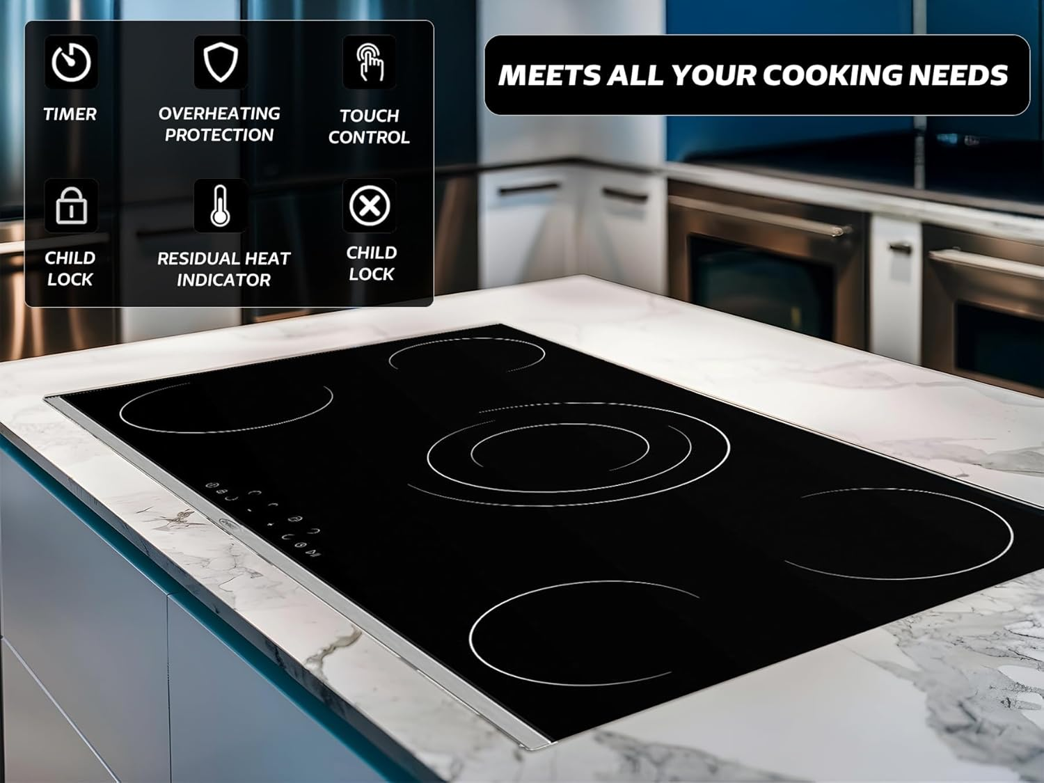 PLAQUE VERTA 5FEUX 90X60 VITROCERAMIQUE ELECTRIQUE NOIR MS293