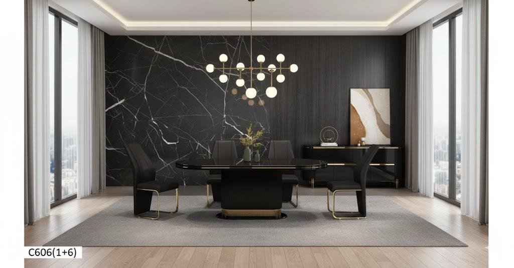 TABLE A MANGER 6PLACES 160X90CM NOIR C606 (1+6)