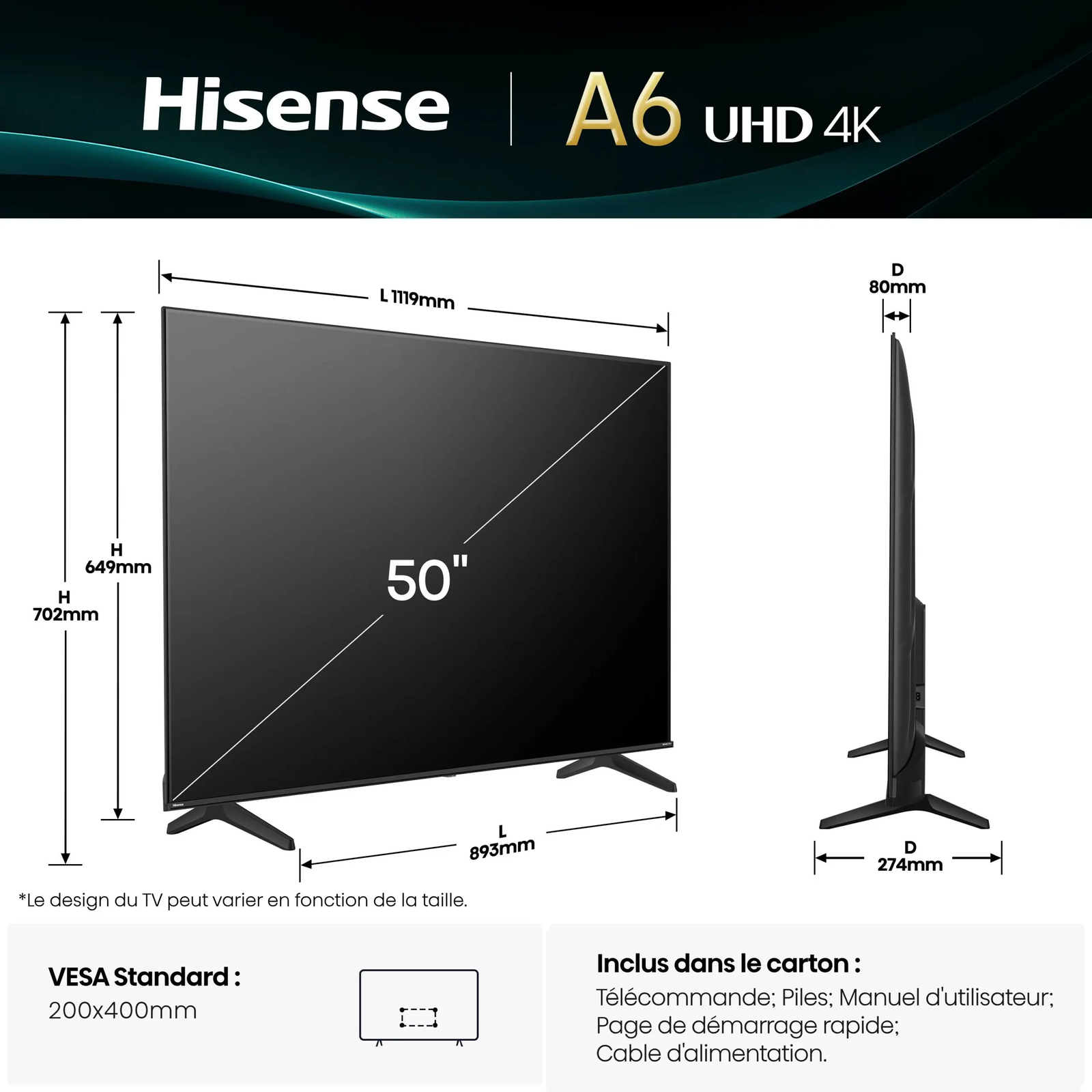 TELEVISEUR HISENSE 50'' LED SMART VIDA UHD 50A6N
